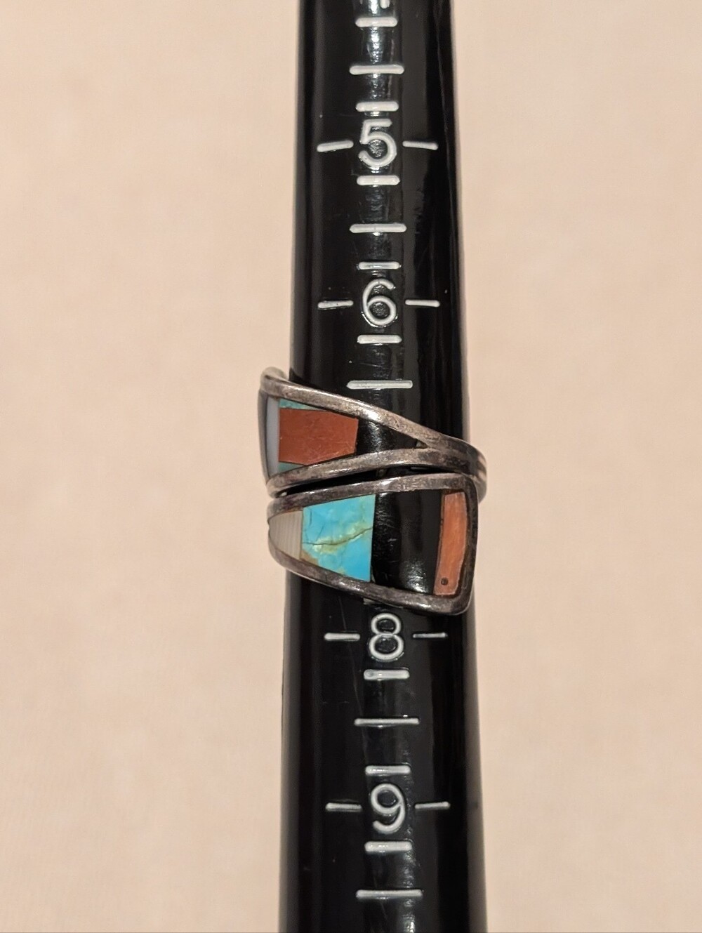 VTG Native American Silver Inlay Ring with Turquoise, Onyx, Mother Of Pearl